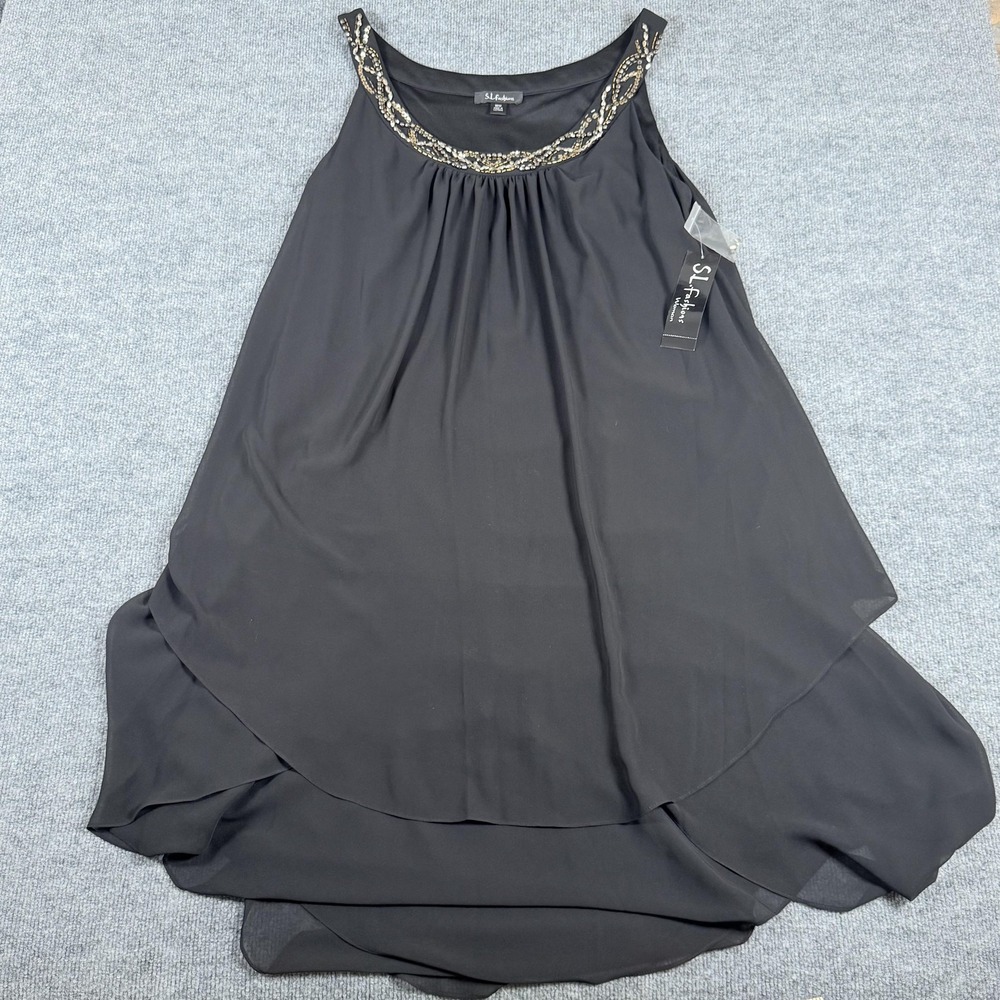 SL Fashions Dress Womens 18W Black Bead Neck Hanky Hem Sleeveless Chiffon Formal
